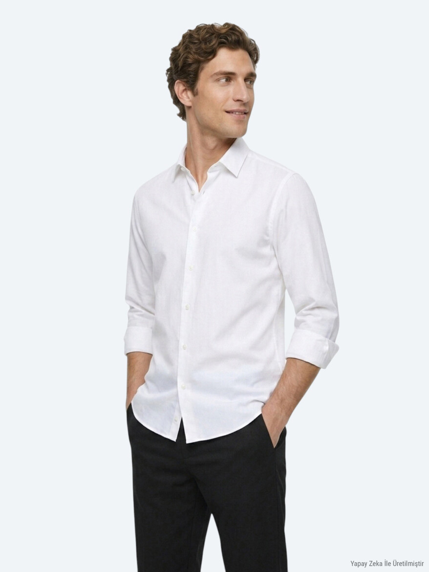 Beyaz Regular Fit Uzun Dokuma Casual %100 Pamuk Gömlek - 4