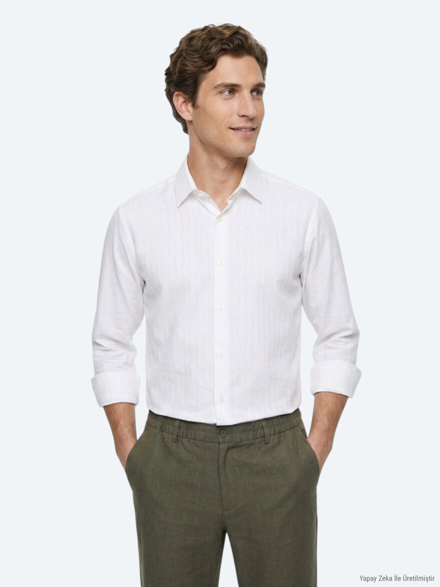 Beyaz Regular Fit Uzun Dokuma Casual %100 Pamuk Gömlek - KİP