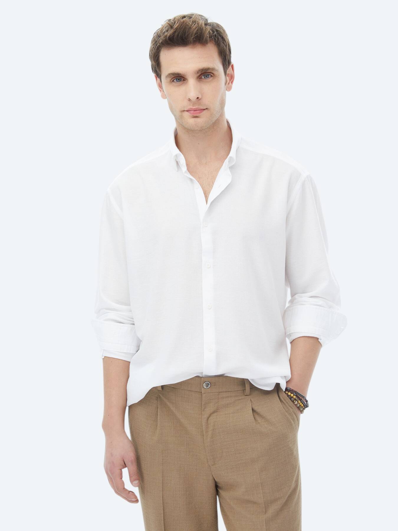 Beyaz Regular Fit Uzun Dokuma Casual Gömlek