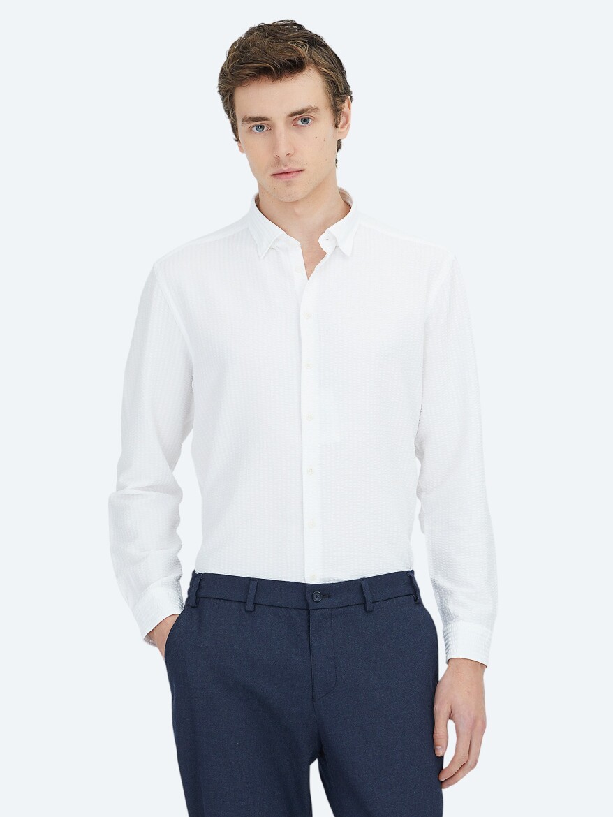 Beyaz Regular Fit Uzun Dokuma Casual Gömlek 