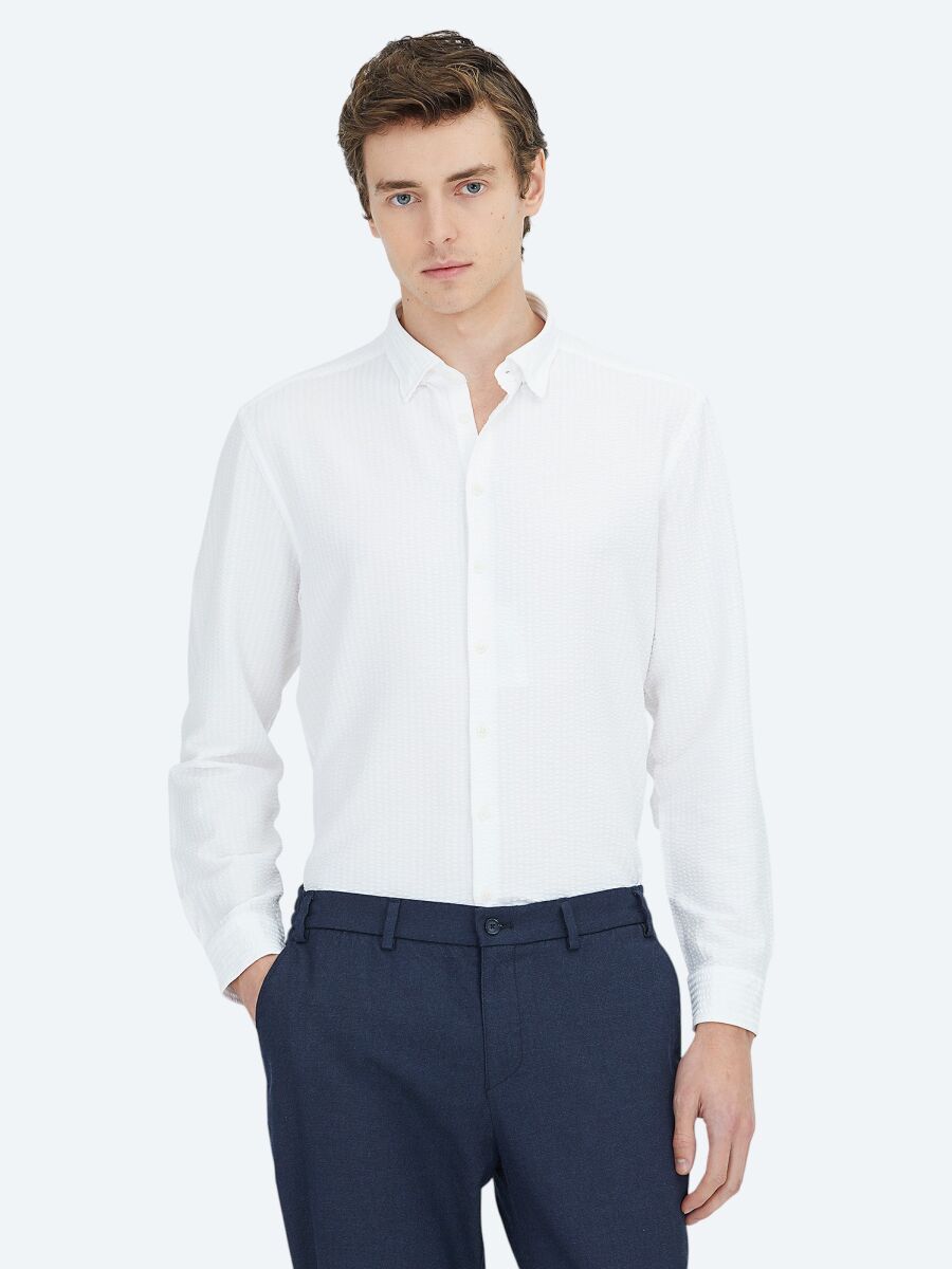Beyaz Regular Fit Uzun Dokuma Casual Gömlek - 1