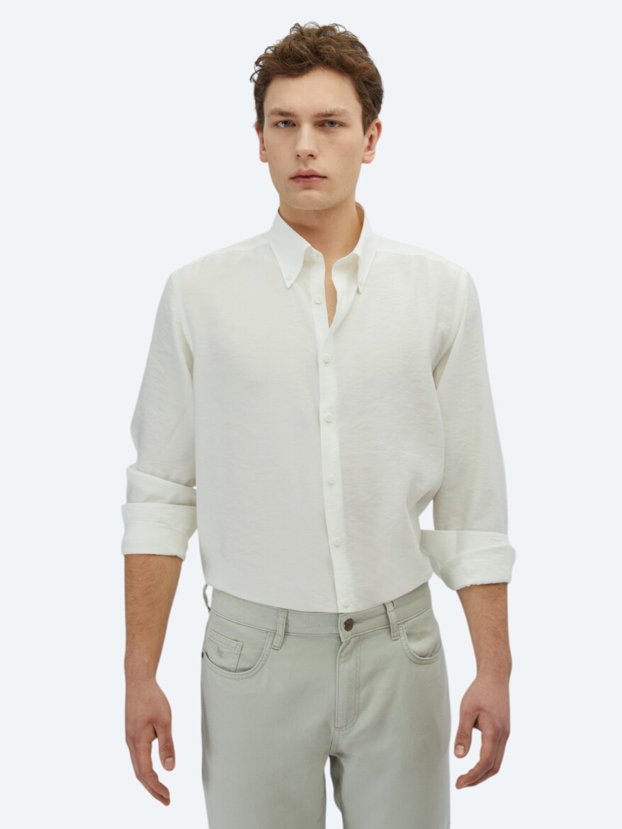 Beyaz Regular Fit Uzun Dokuma Casual Gömlek - KİP