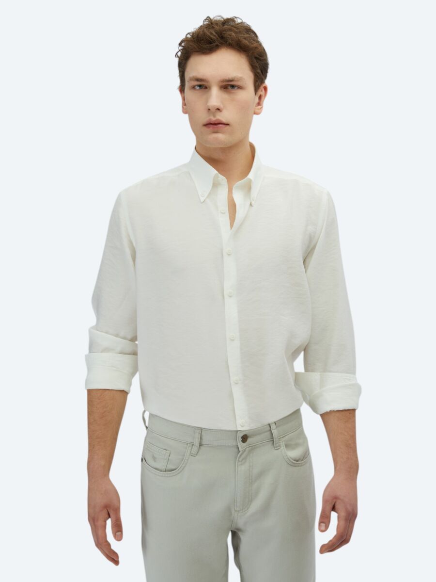 Beyaz Regular Fit Uzun Dokuma Casual Gömlek - 1