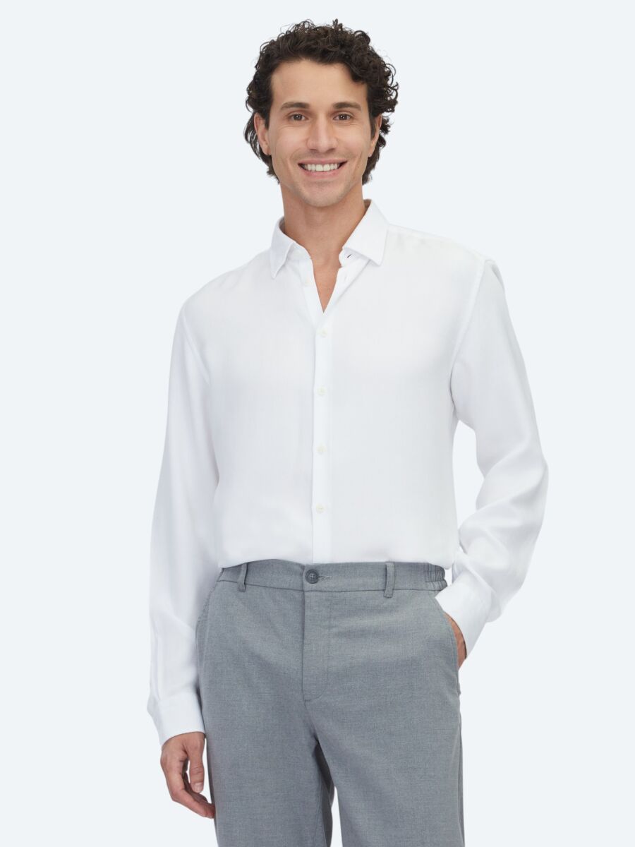 Beyaz Regular Fit Uzun Dokuma Casual Gömlek - 1