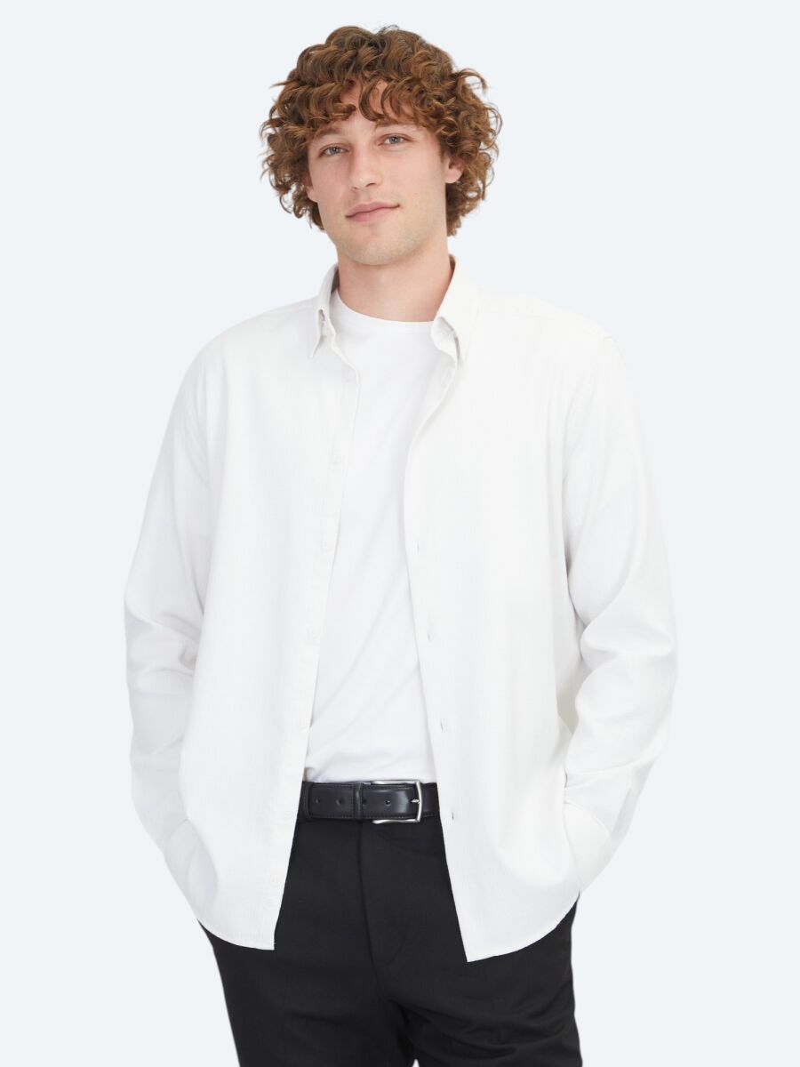 Beyaz Regular Fit Uzun Dokuma Casual Pamuk Karışımlı Gömlek - 1
