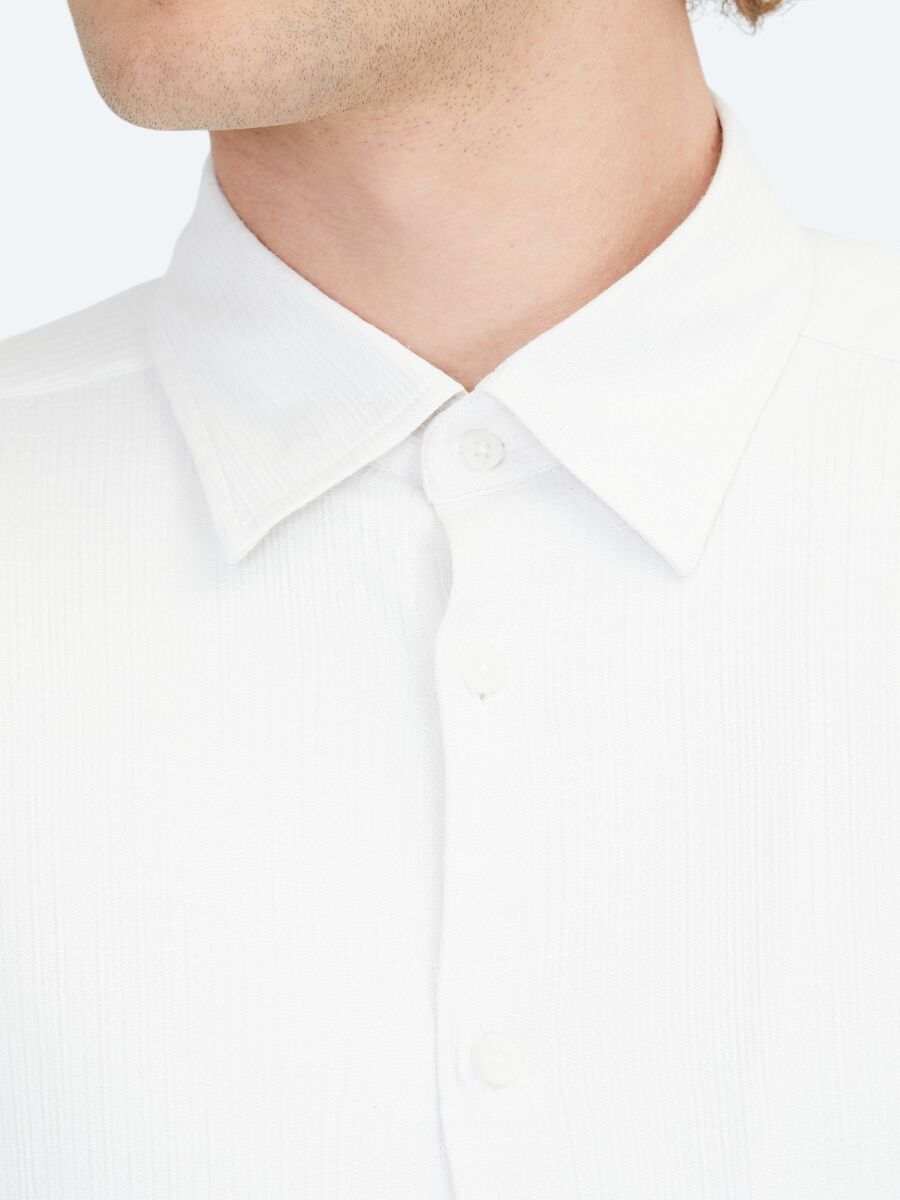 Beyaz Regular Fit Uzun Dokuma Casual Pamuk Karışımlı Gömlek - 5