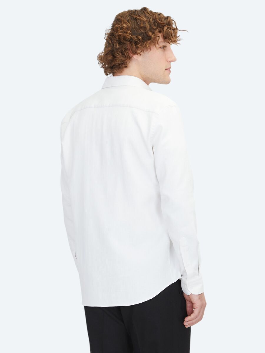 Beyaz Regular Fit Uzun Dokuma Casual Pamuk Karışımlı Gömlek - 6