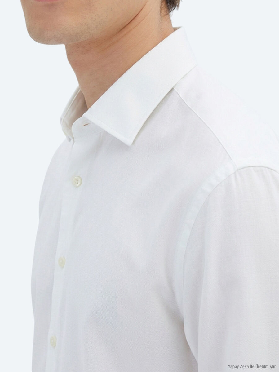 Beyaz Slim Fit Uzun Dokuma Klasik %100 Pamuk Gömlek - 4