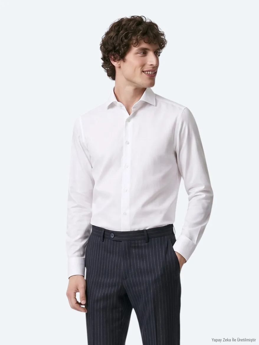 Beyaz Slim Fit Uzun Dokuma Klasik %100 Pamuk Gömlek - 3