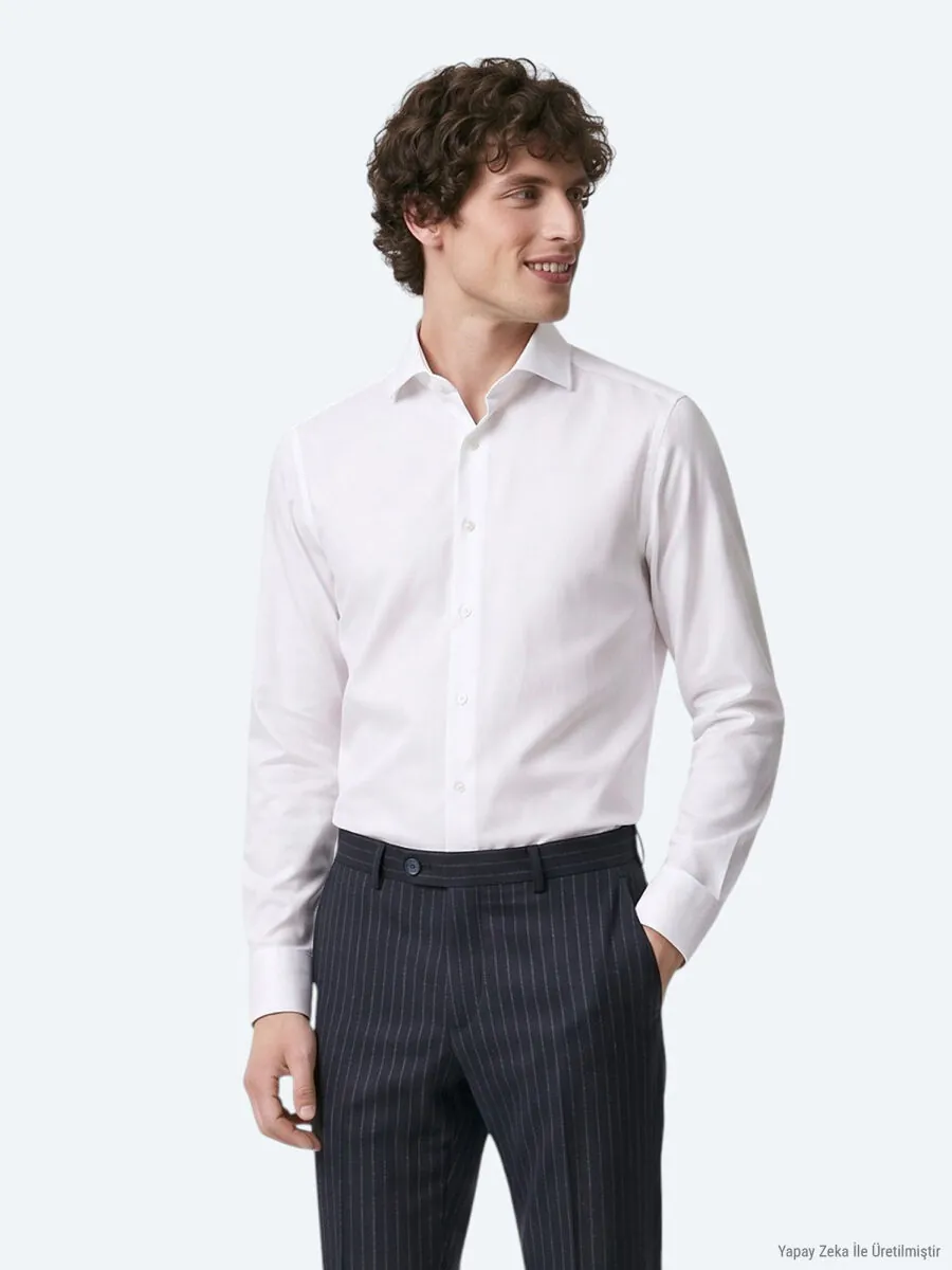 Beyaz Slim Fit Uzun Dokuma Klasik %100 Pamuk Gömlek - 3