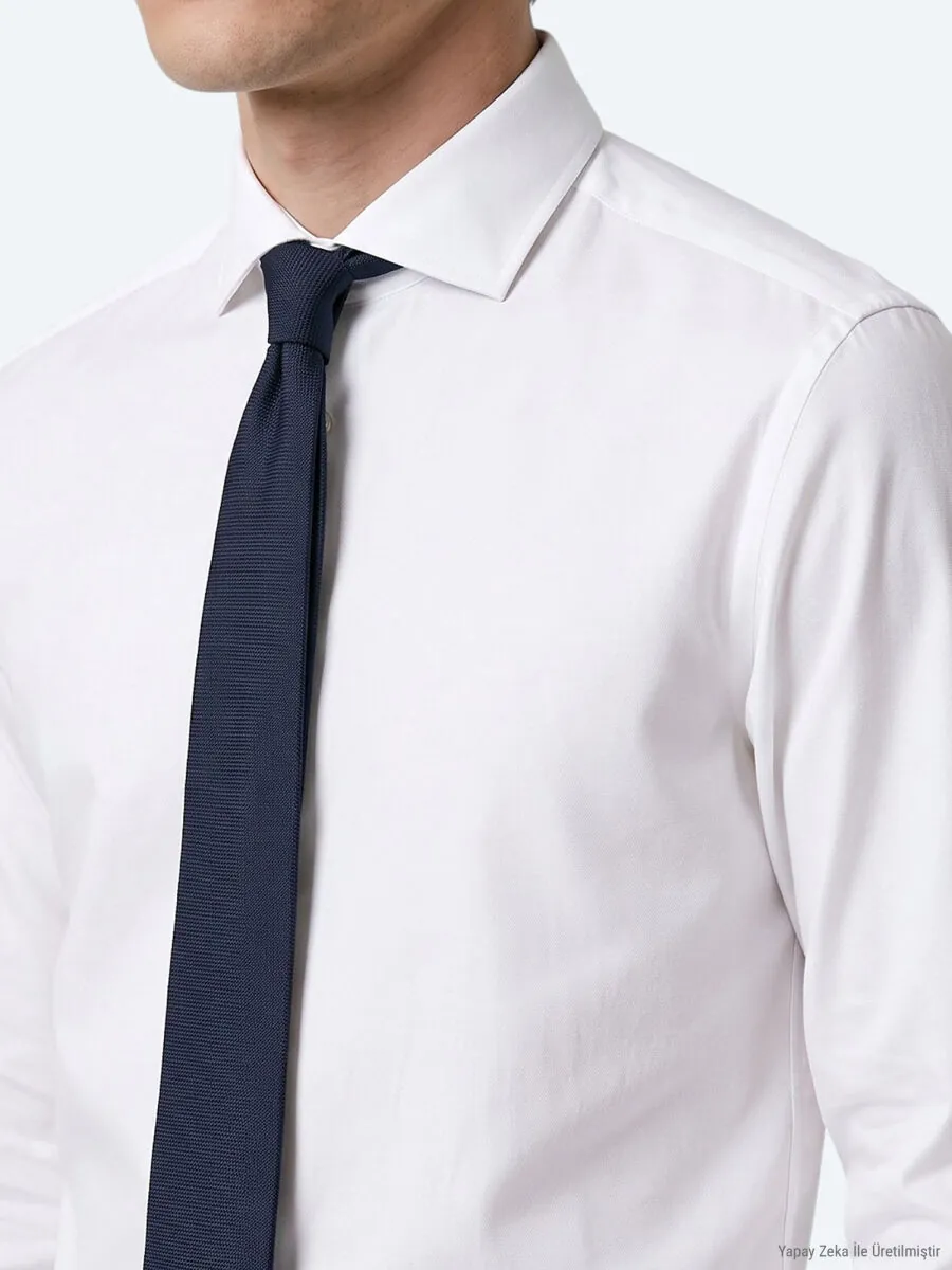 Beyaz Slim Fit Uzun Dokuma Klasik %100 Pamuk Gömlek - 4