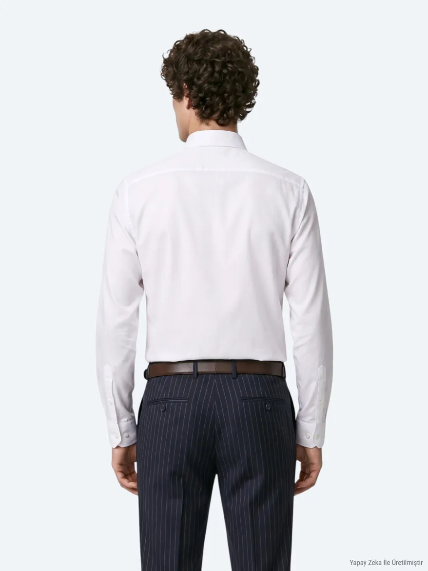 Beyaz Slim Fit Uzun Dokuma Klasik %100 Pamuk Gömlek - 6