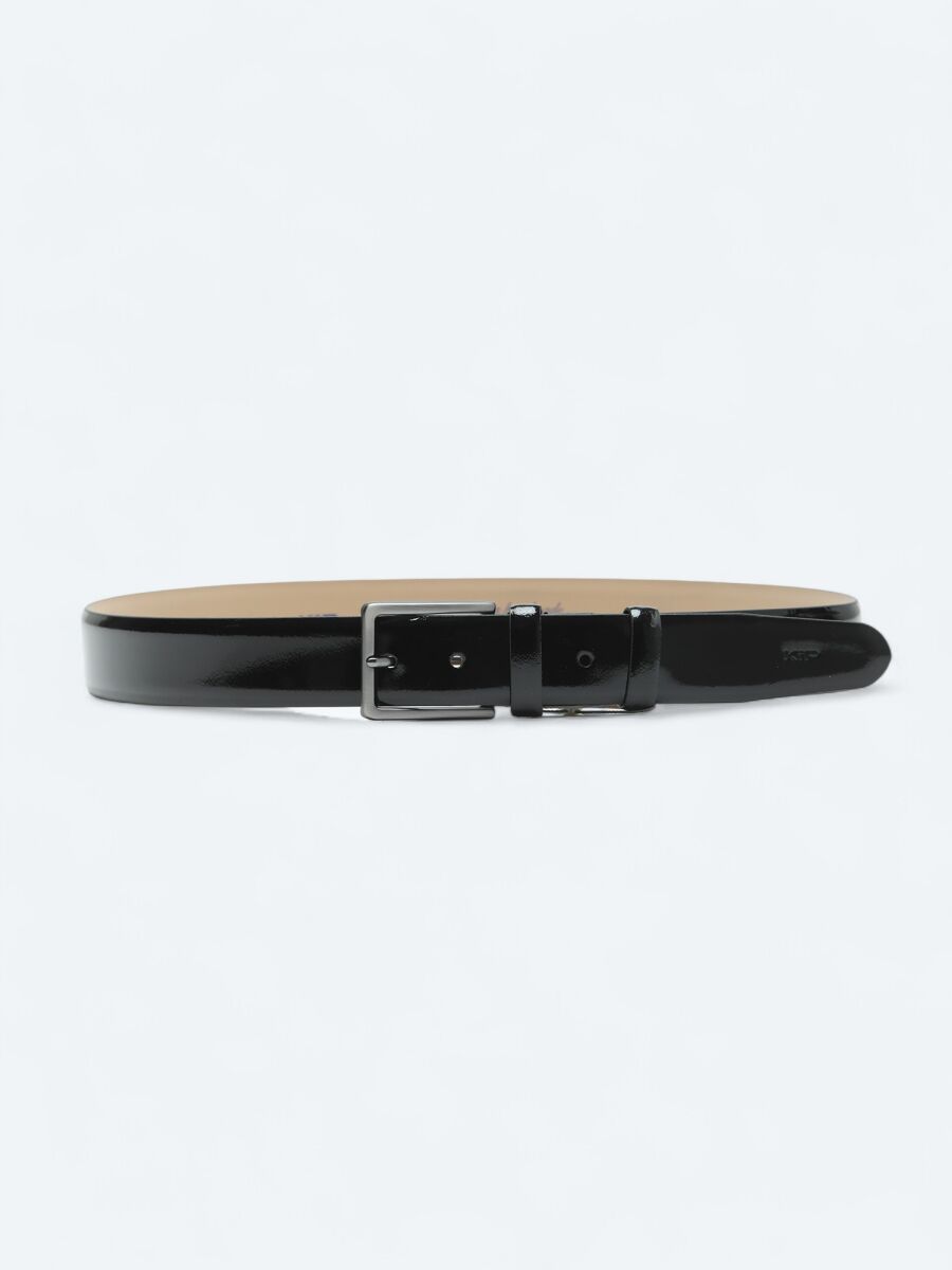 Black %100 Patent Leather Belt - 1