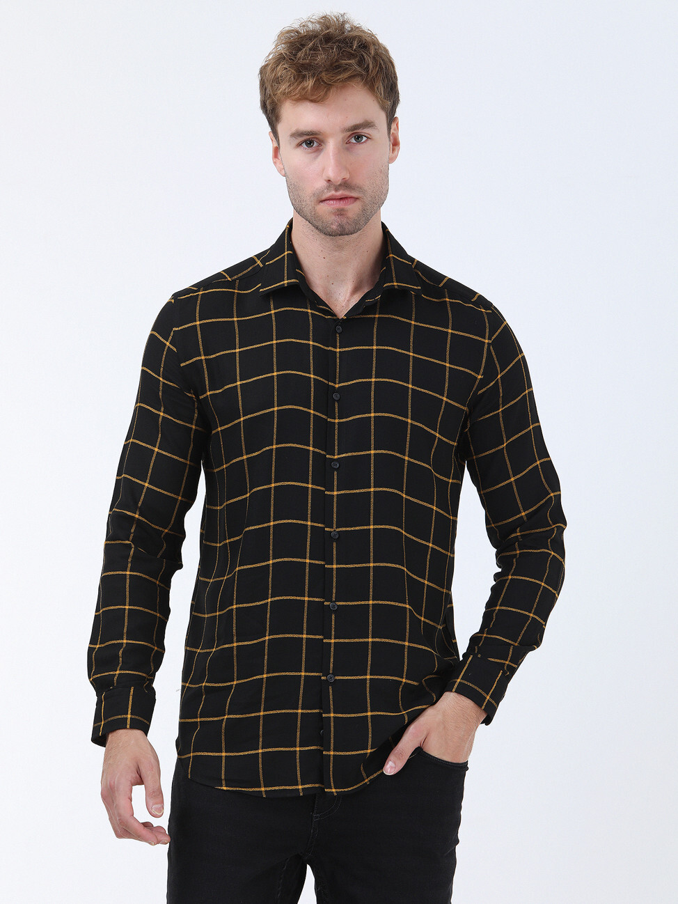 Black Checkered Regular Fit Weaving Casual Shirt - 1