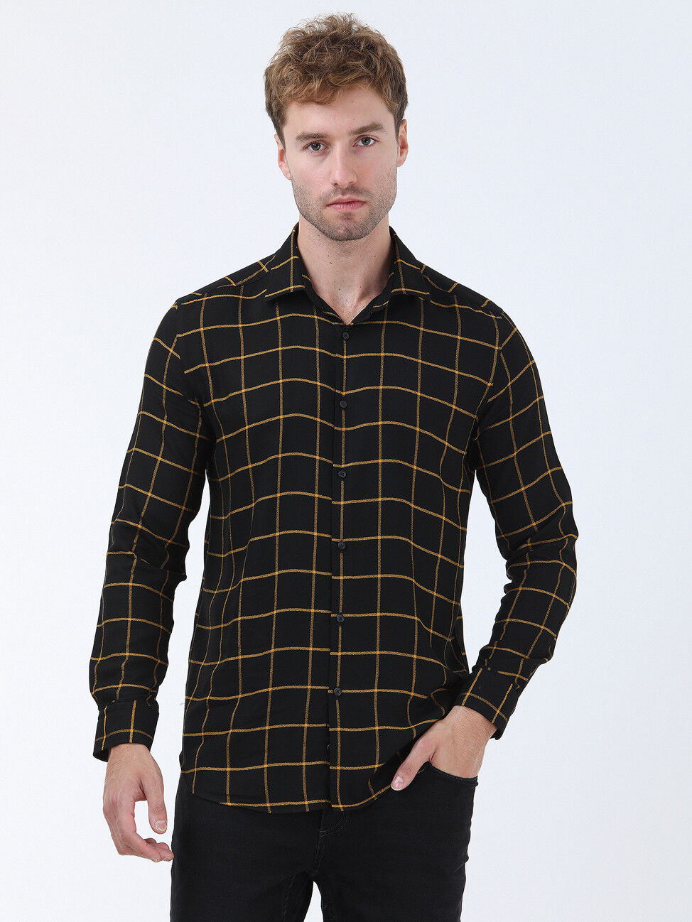 Black Checkered Regular Fit Weaving Casual Shirt - 1