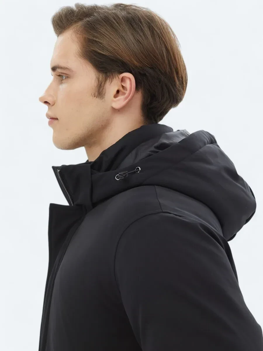 Black Comfort Fit Hooded Casual Weaving Coat - 5