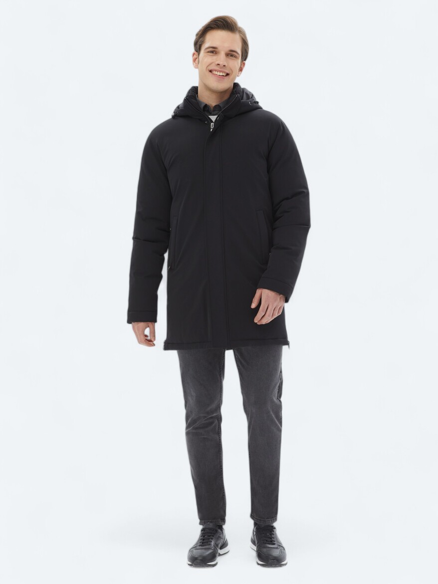 Black Comfort Fit Hooded Casual Weaving Coat - 3