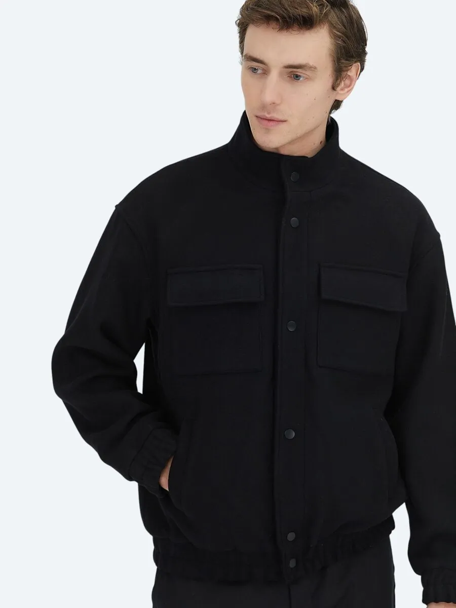 Black Comfort Fit Turtleneck Casual Weaving Coat - 2