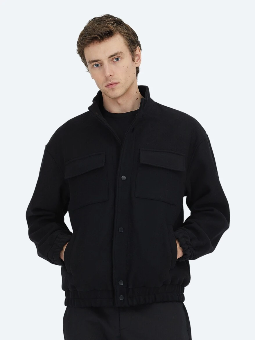 Black Comfort Fit Turtleneck Casual Weaving Coat - 4