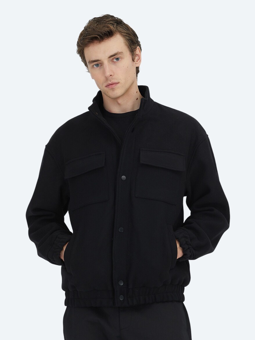 Black Comfort Fit Turtleneck Casual Weaving Coat - KİP