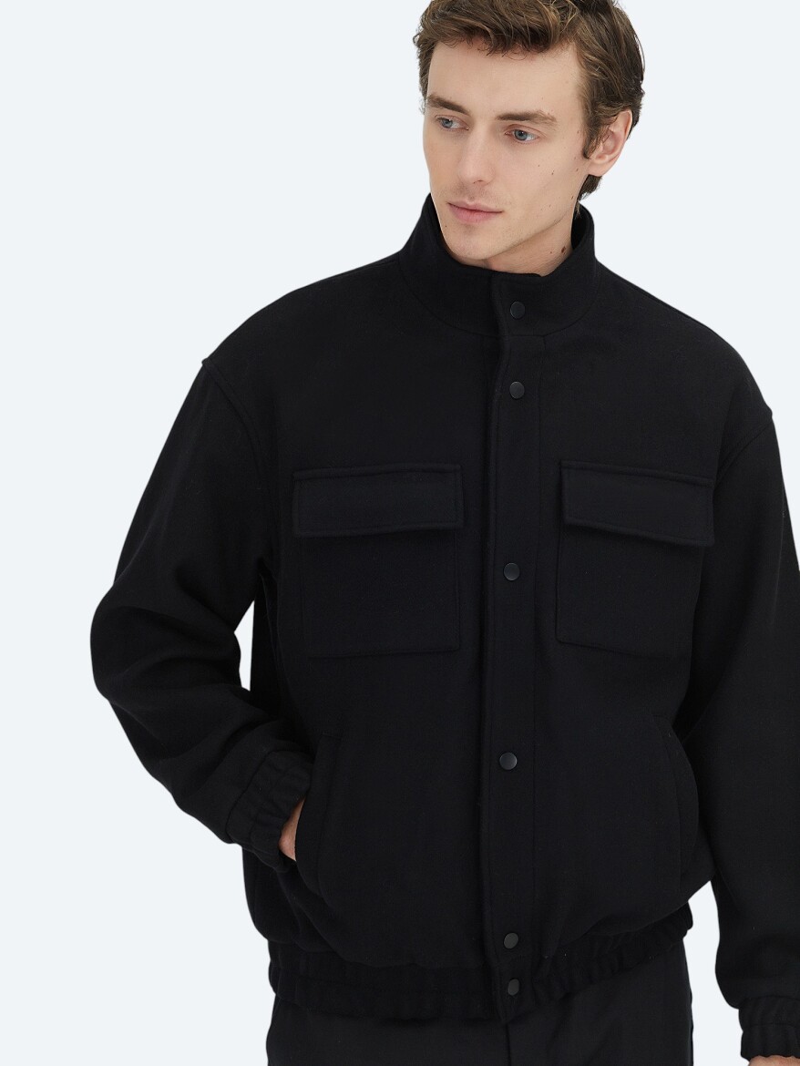 Black Comfort Fit Turtleneck Casual Weaving Coat - KİP