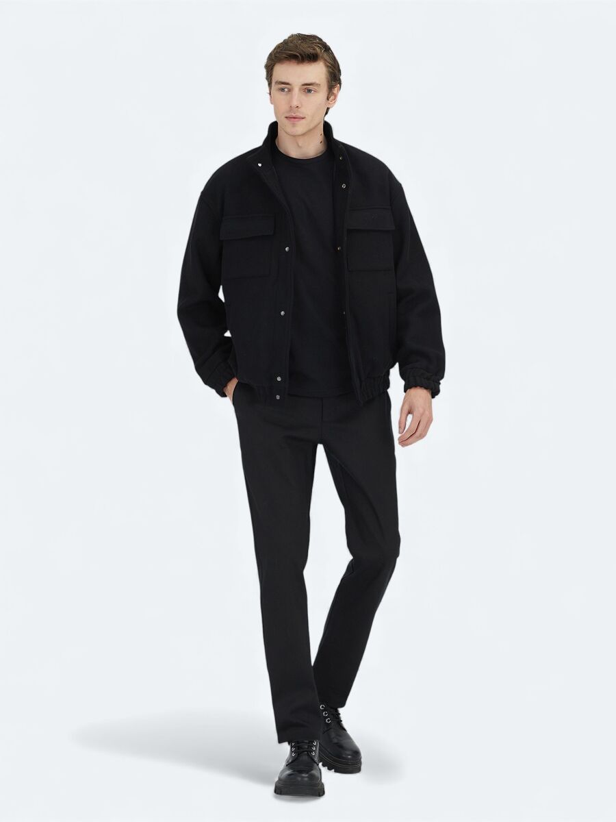 Black Comfort Fit Turtleneck Casual Weaving Coat - 3