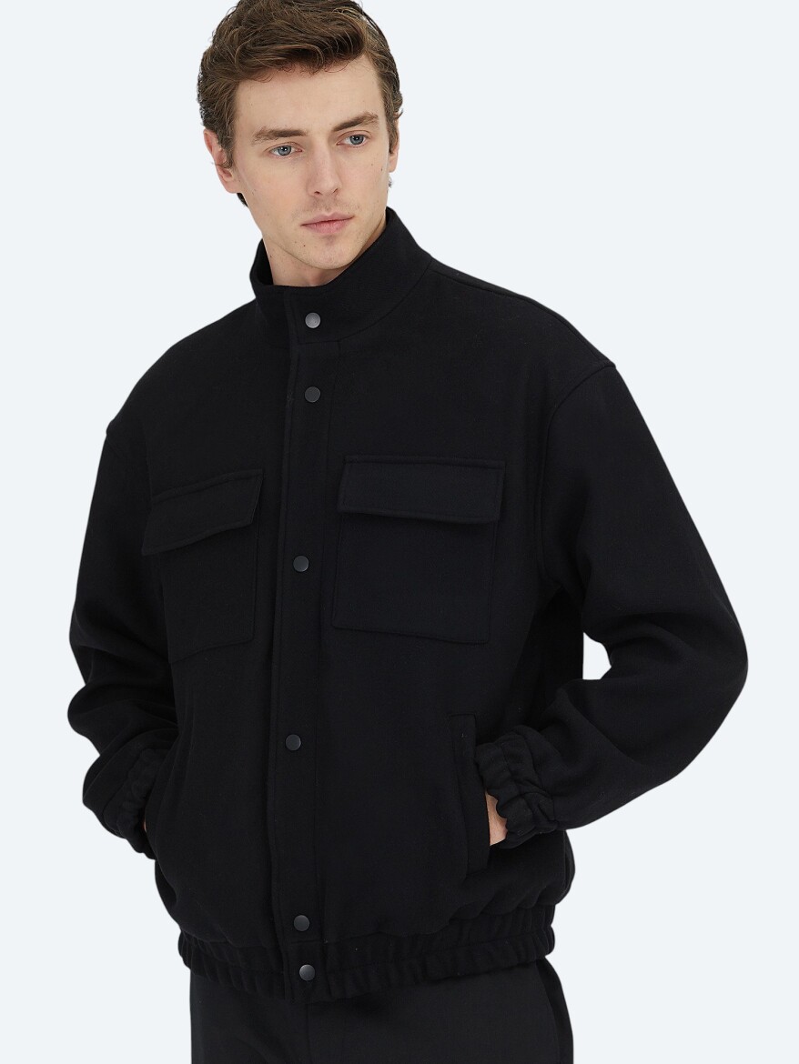 Black Comfort Fit Turtleneck Casual Weaving Coat - 4