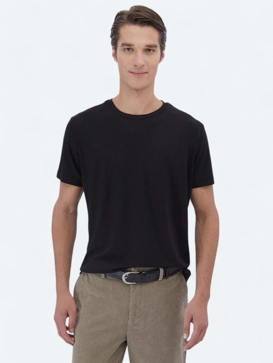 Black Crew Neck Cotton Blended T-Shirt - 1