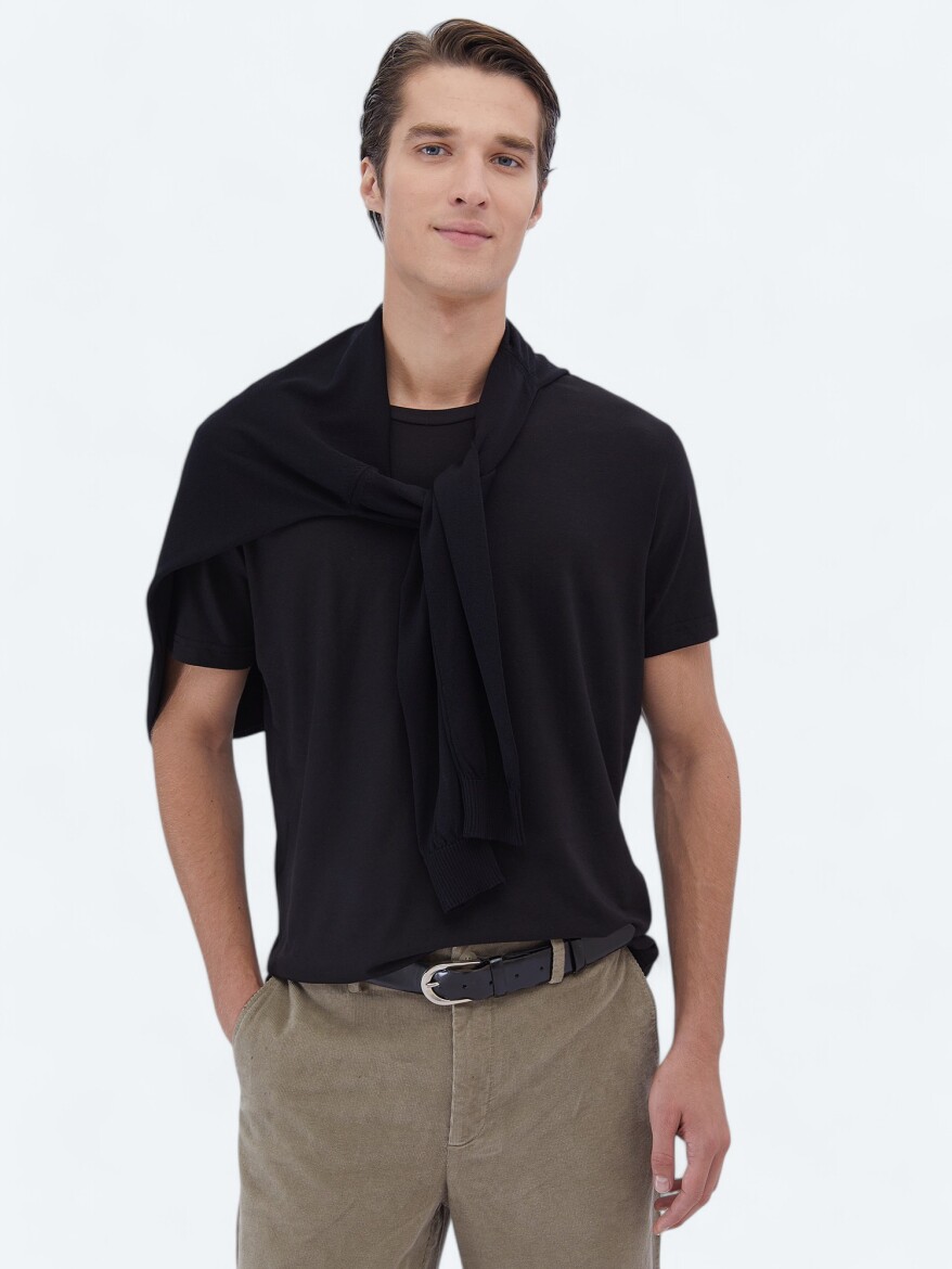 Black Crew Neck Cotton Blended T-Shirt - 3
