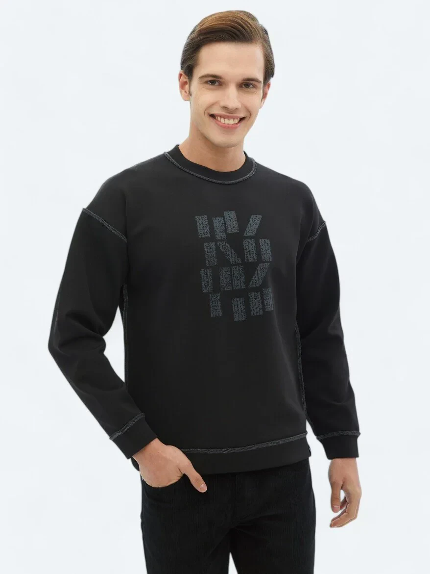 Black Crew Neck Printed Double-Sided Sweatshirt - 1