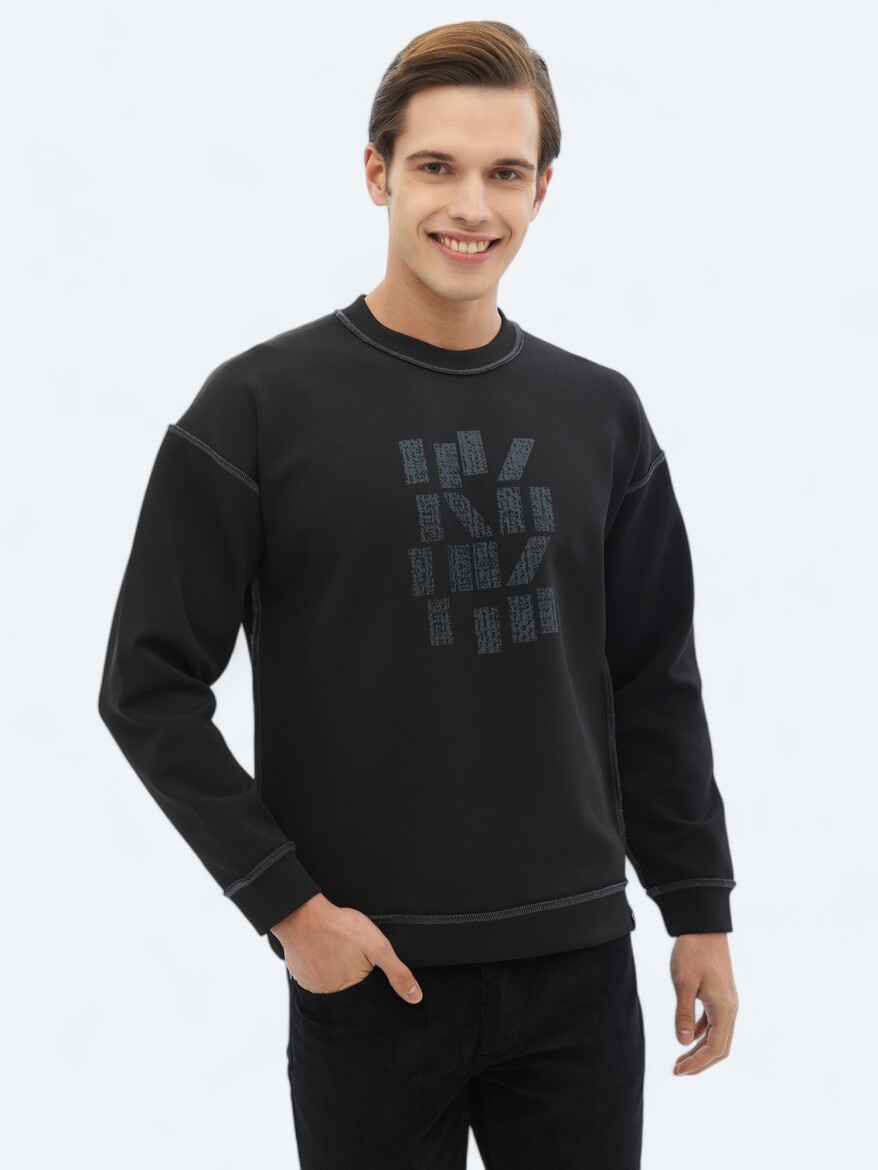 Black Crew Neck Printed Double-Sided Sweatshirt 