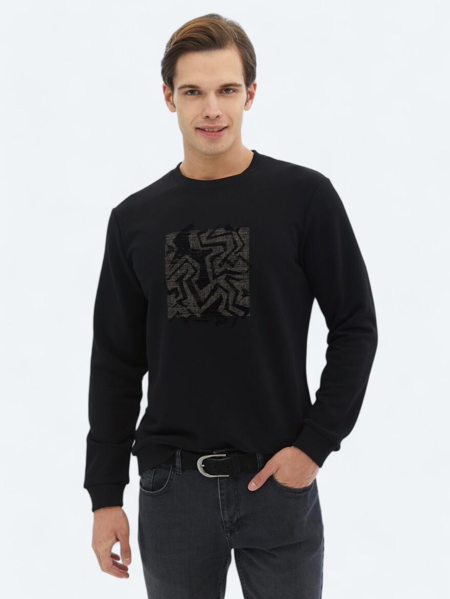 Black Crew Neck Printed Sweatshirt - 1