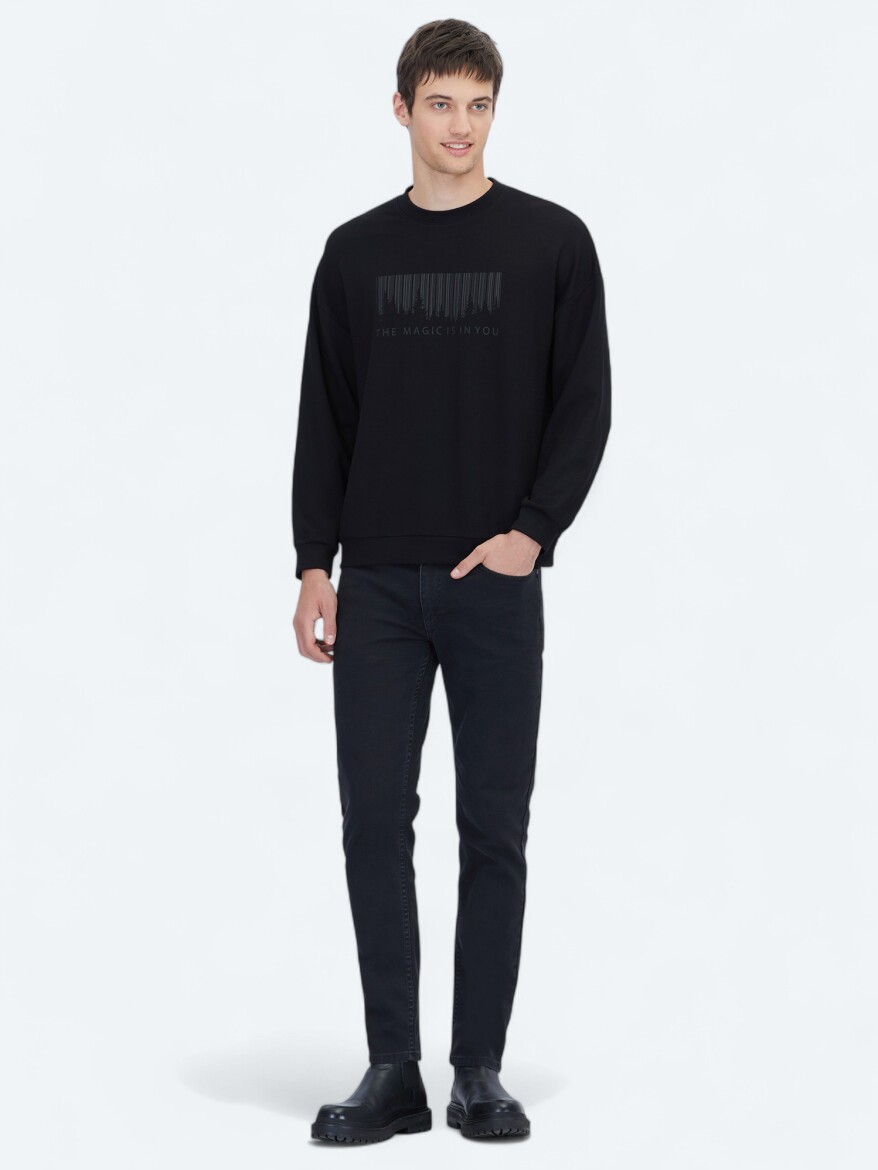 Black Crew Neck Printed Sweatshirt - KİP