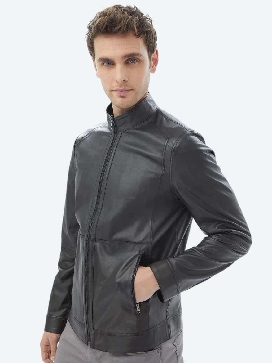 Black Double-Sided Leather Coat - 13