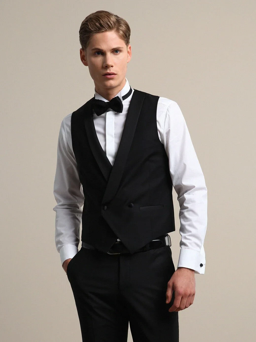 Black Fitted Fit Shawl Collar Classical Waistcoat - 4