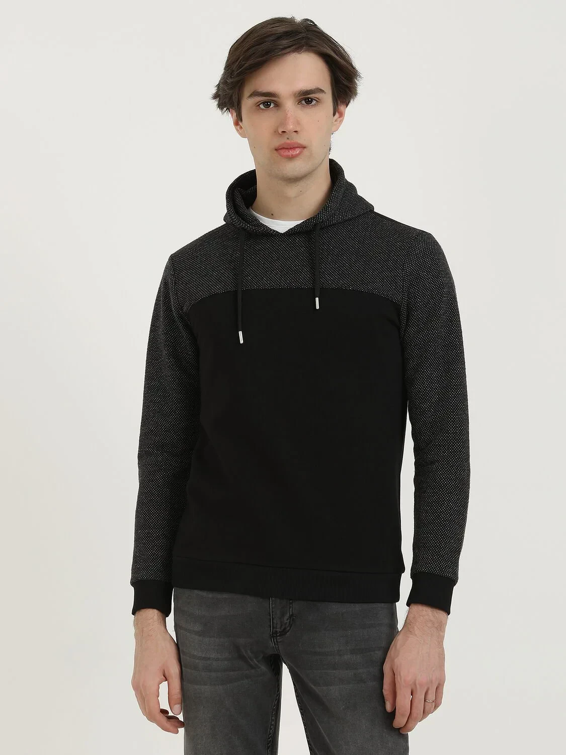 Black Hooded Patterned Sweatshirt - 1