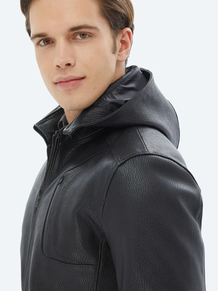 Black Hooded Smart Casual Sheep Leather Leather Coat - 6