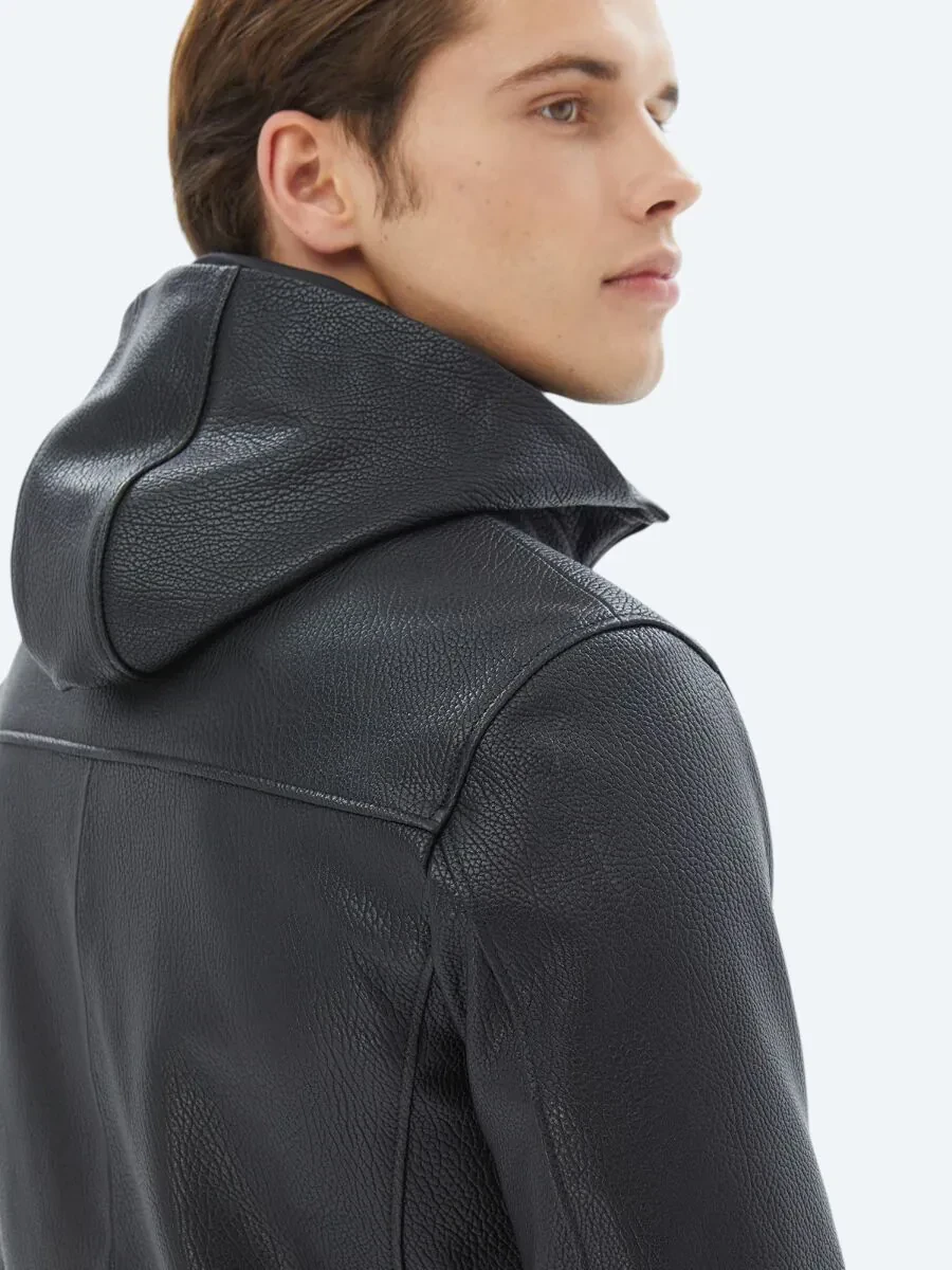 Black Hooded Smart Casual Sheep Leather Leather Coat - 7