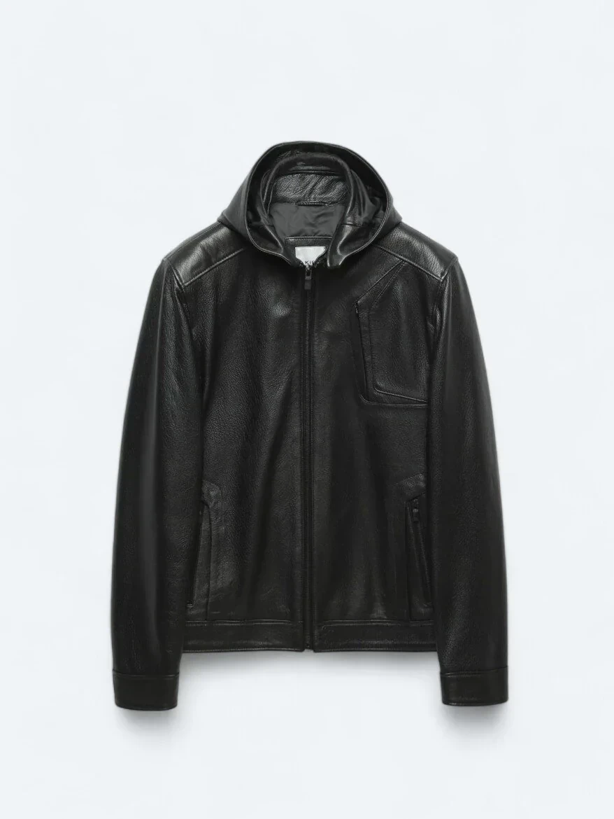 Black Hooded Smart Casual Sheep Leather Leather Coat - 12