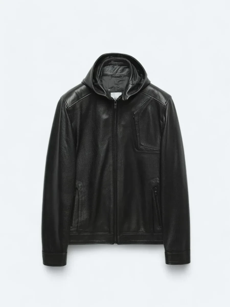 Black Hooded Smart Casual Sheep Leather Leather Coat - 12
