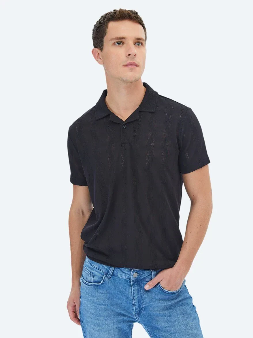 Black Jacquard Cuban Collar T-Shirt - 3