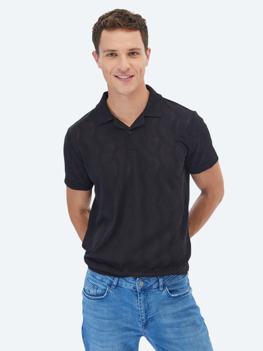 Black Jacquard Cuban Collar T-Shirt - KİP