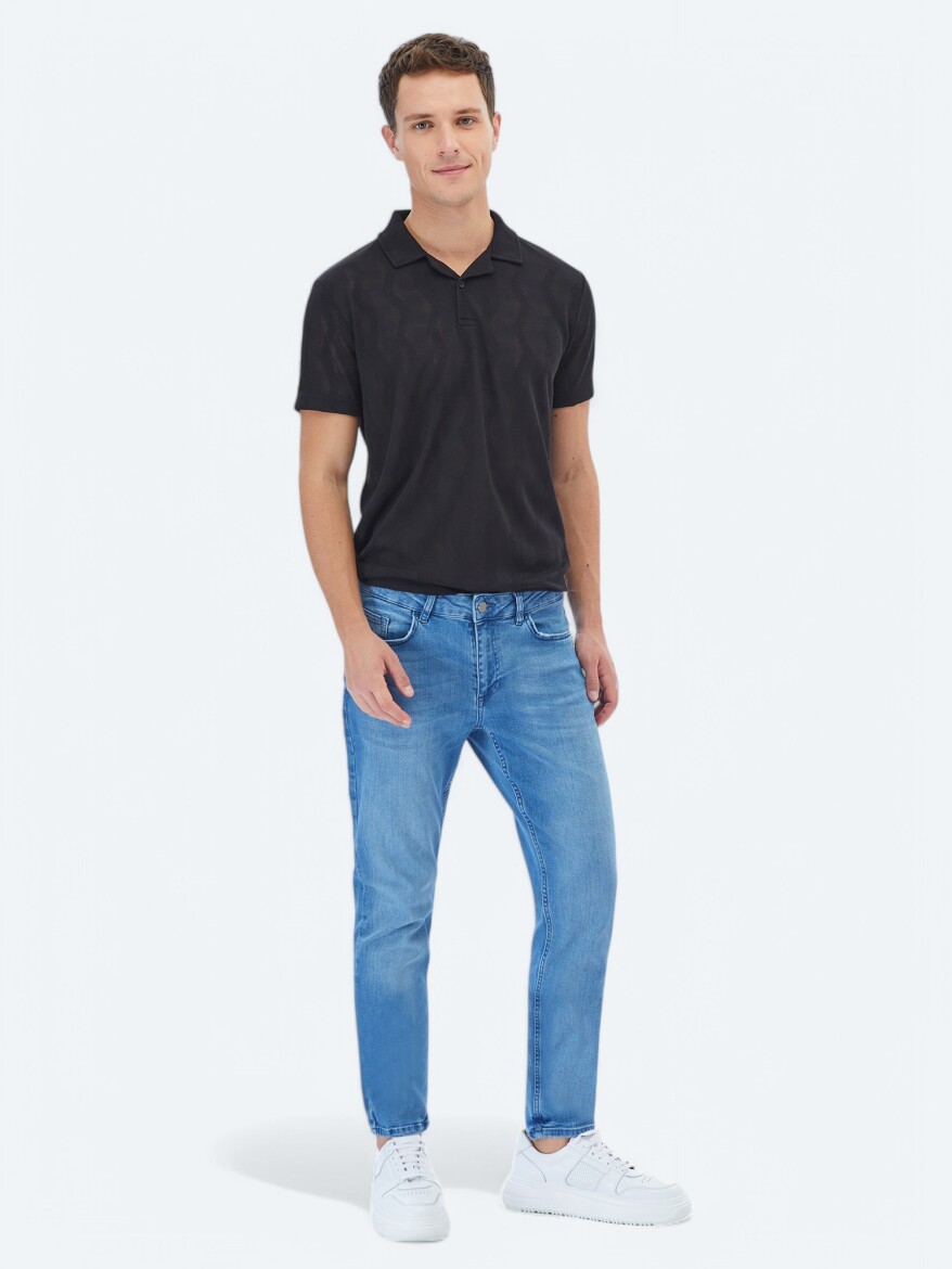 Black Jacquard Cuban Collar T-Shirt - KİP