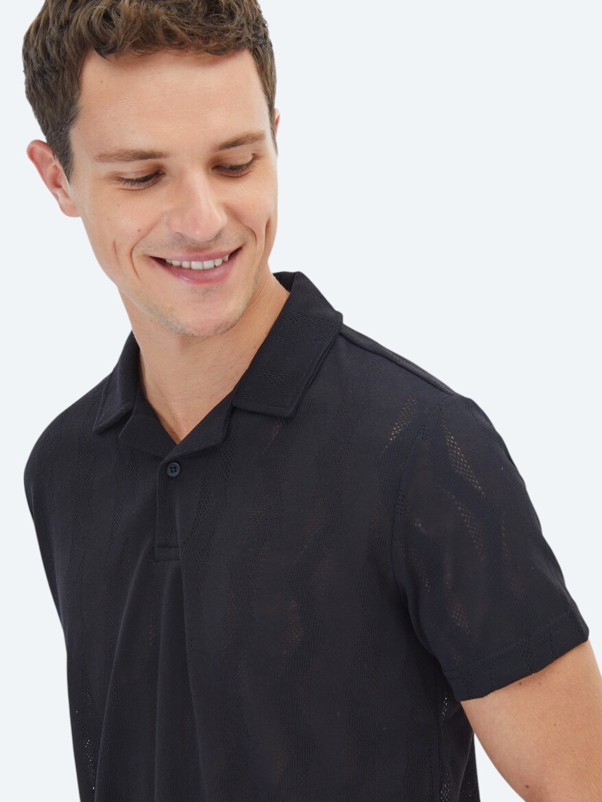 Black Jacquard Cuban Collar T-Shirt - 5