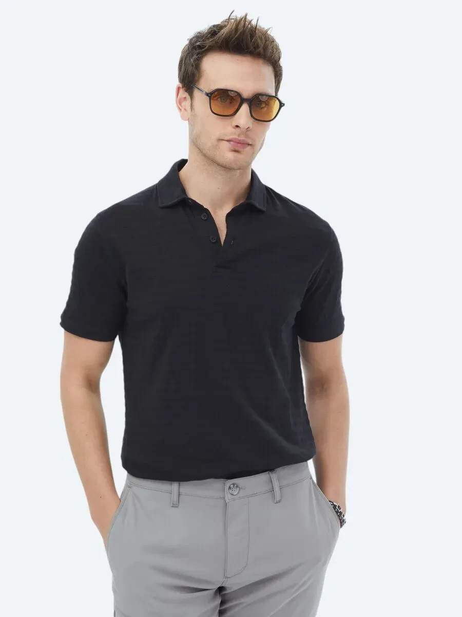 Black Jacquard Polo Neck 100% Cotton T-Shirt - 1