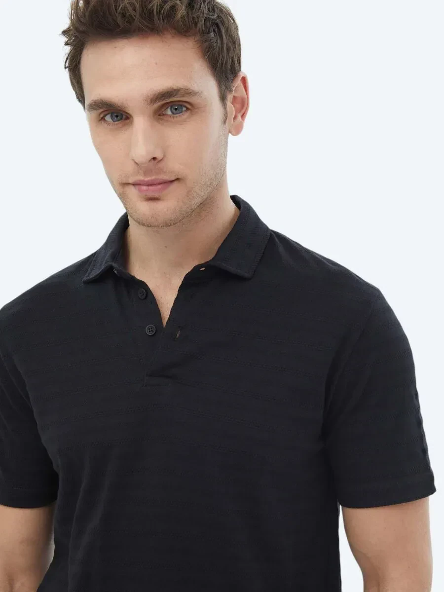 Black Jacquard Polo Neck 100% Cotton T-Shirt - 3
