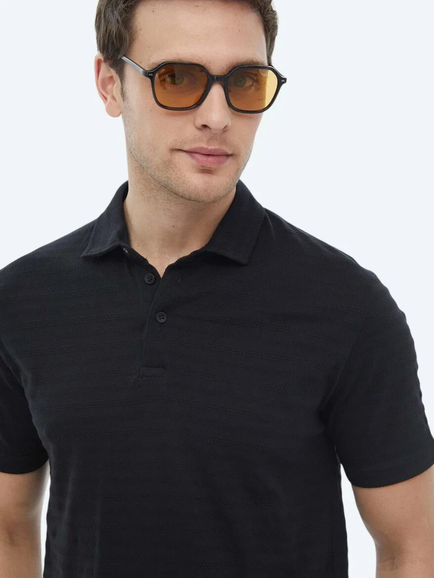 Black Jacquard Polo Neck 100% Cotton T-Shirt - 4