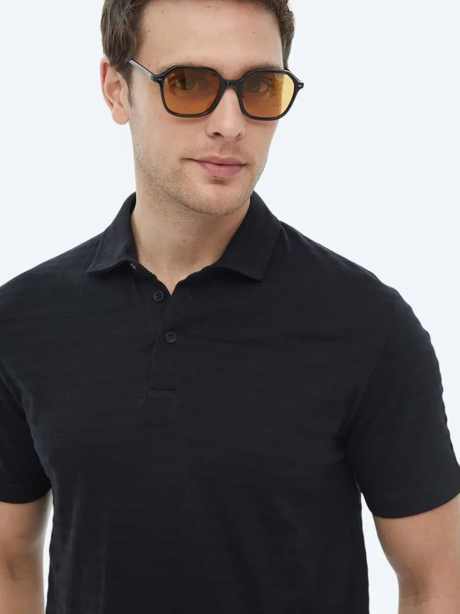 Black Jacquard Polo Neck 100% Cotton T-Shirt - 4