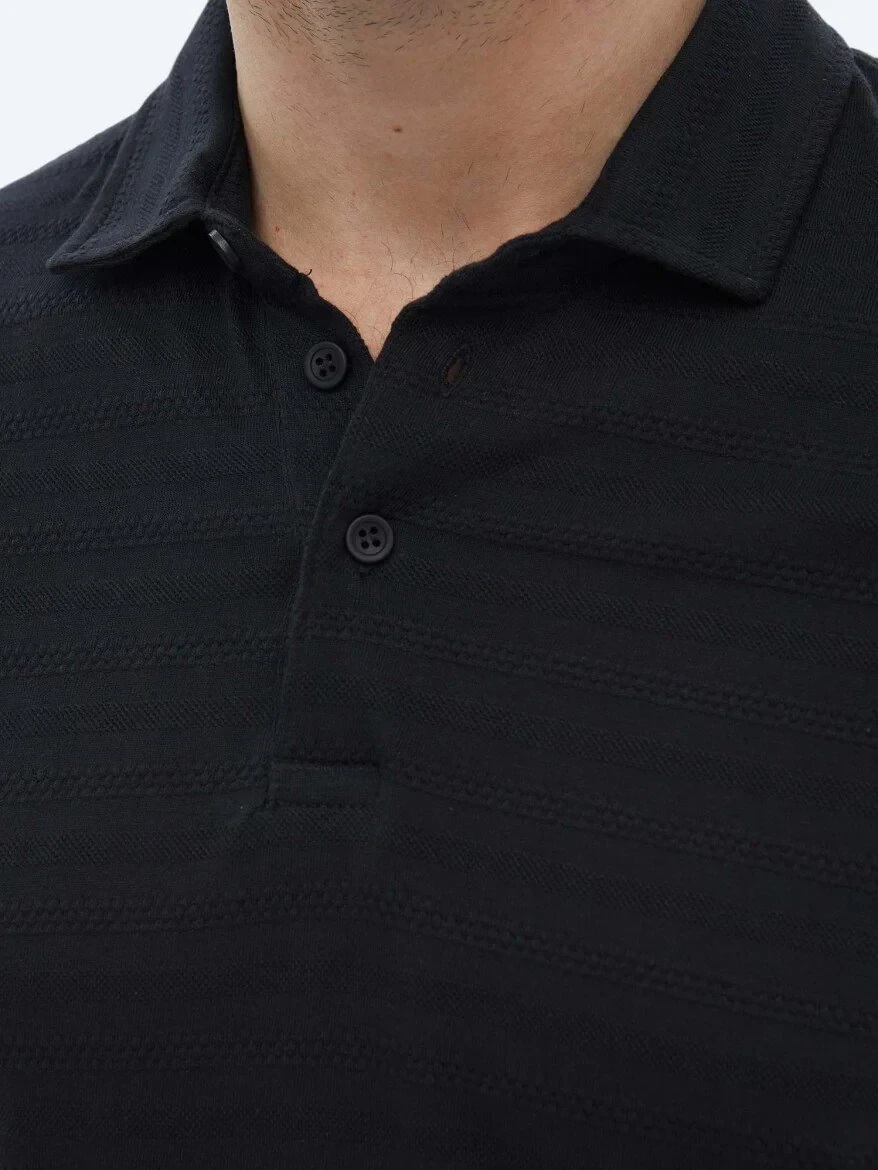 Black Jacquard Polo Neck 100% Cotton T-Shirt - 5