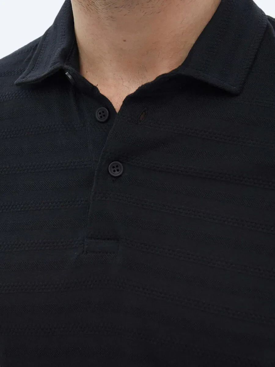Black Jacquard Polo Neck 100% Cotton T-Shirt - 5